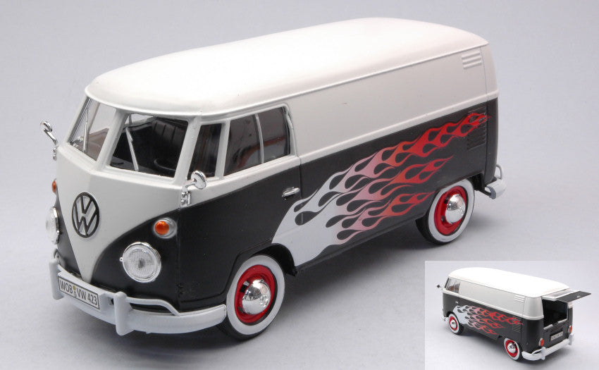 Motormax - VW TYPE 2 (T1) DELIVERY VAN WHITE/BLACK W/FLAMES 1:24 - Cod. MTM79566
