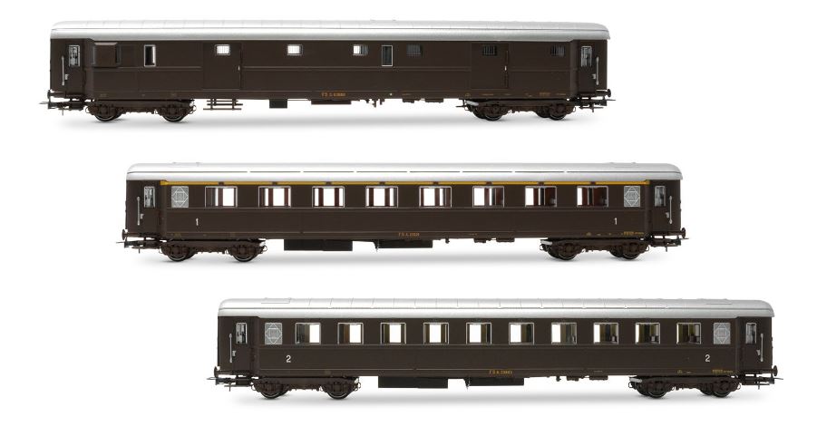 Rivarossi - FS 3 CARROZZE 1 BAGAGL.1 1a CLASSE 1 2a CLASSE CASTANO LIVERY EP.IIIB - Cod. HR4365