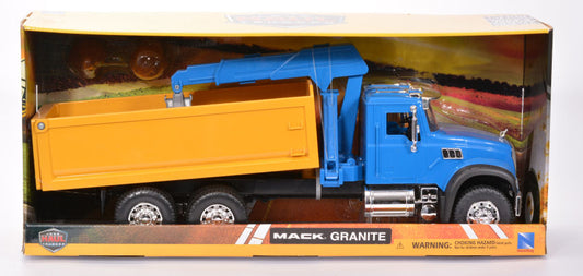 New Ray - MACK GRANITE DUMP YELLOW TRUCK BLUE W/CRANE PLASTICA 1:18 - Cod. NY17106