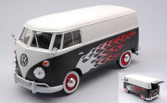 Motormax - VW TYPE 2 (T1) DELIVERY VAN WHITE/BLACK W/FLAMES 1:24 - Cod. MTM79566