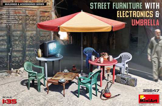 Miniart - STREET FURNITURE WITH ELECTRONICS & UMBRELLA KIT 1:35 - Cod. MIN35647