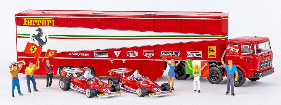 Brekina - FIAT 691 T RENNTRANSPORT FERRARI W/2 FERRARI 312 T2 F1 + 6 FIGURES 1:87 - Cod. BRE58575