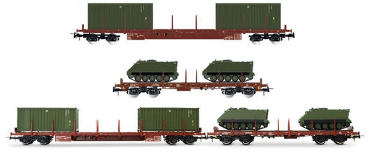 Rivarossi - FS 2-UNIT PACK 4-AXLE FLAT TWO 20' CONTAINERS + TWO M113 EP.IV-V 1:87 - Cod. HR6612
