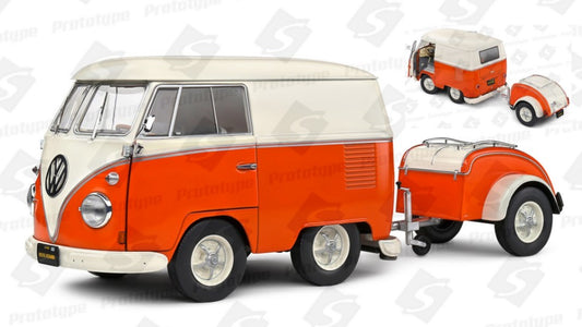 Solido - VOLKSWAGEN T1 VAN KOOL COMBI WITH TRAILER 1950 ORANGE/WHITE 1:18 - Cod. SL1810902